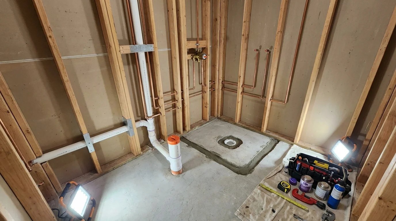 Bathroom rough-in plumbing during remodel by Johns Plumbing LLC in Leominster