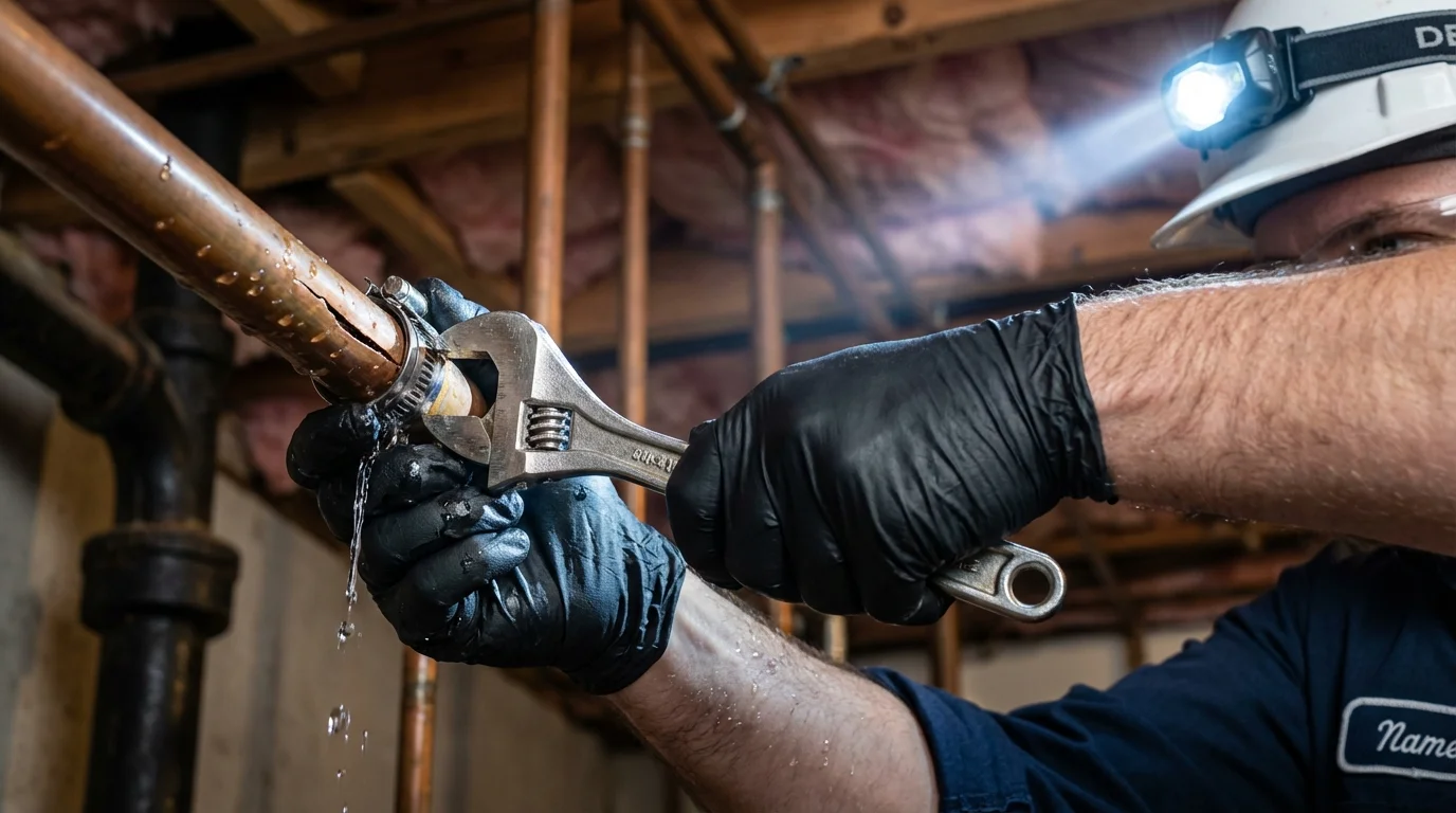 Emergency pipe clamp repair being performed by a Johns Plumbing LLC plumber in Leominster