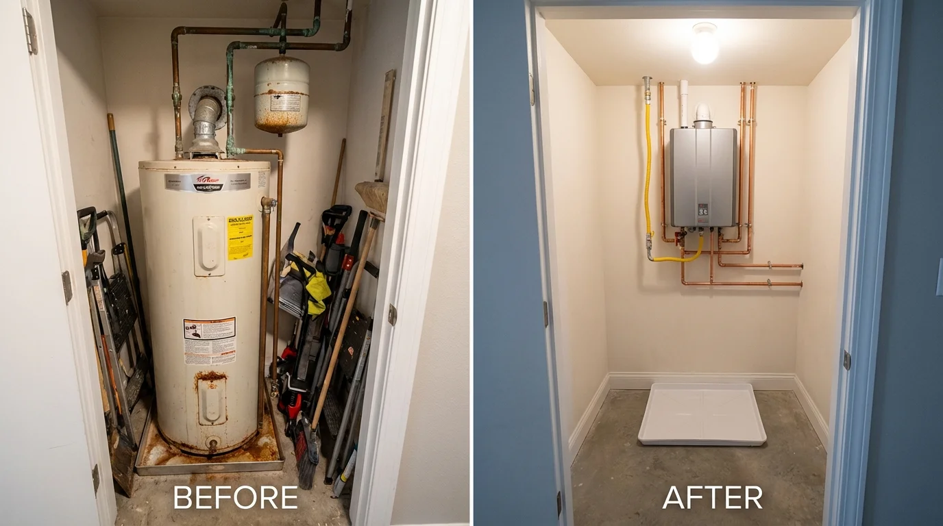 Tank water heater versus wall-mounted tankless unit comparison for Leominster, MA homeowners