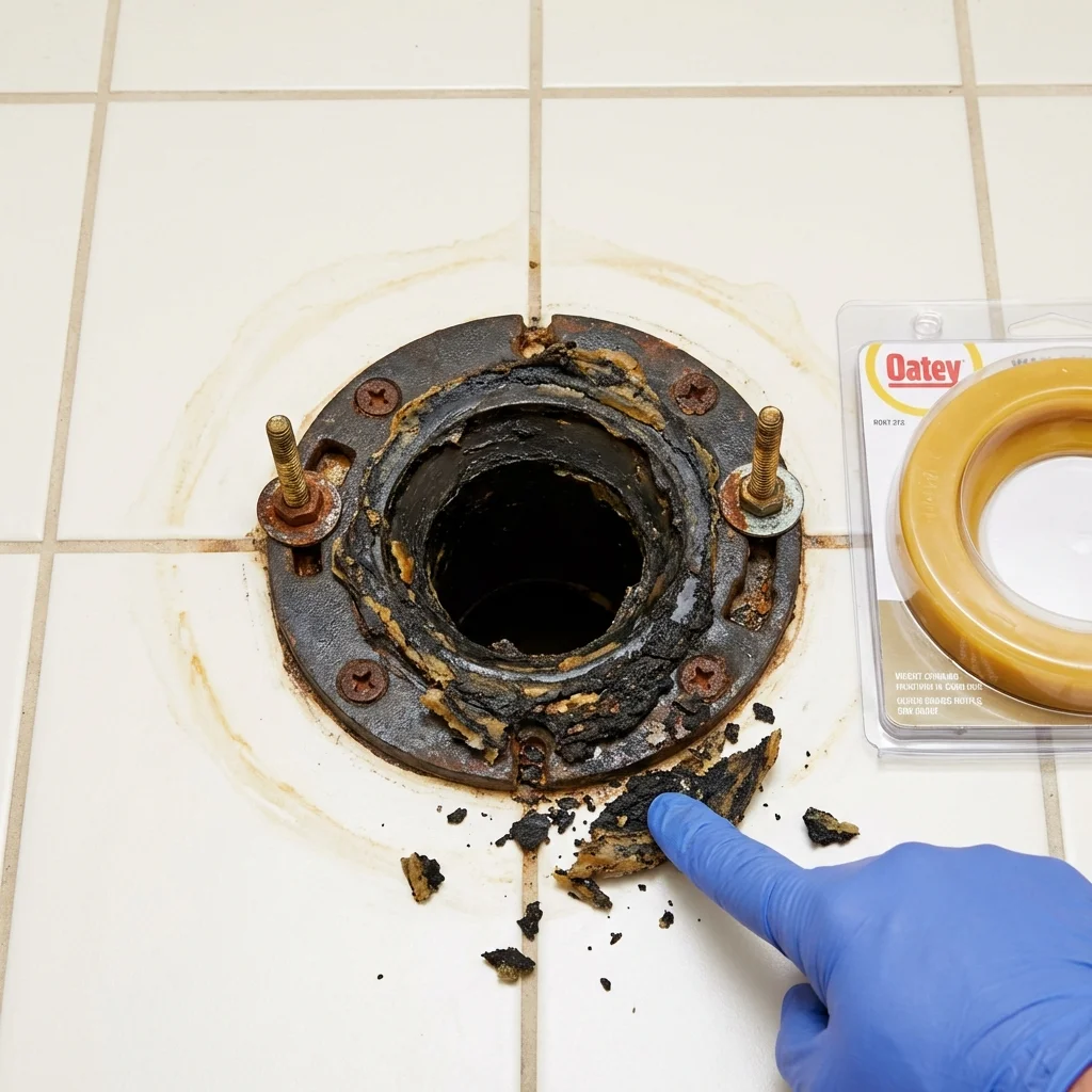 Failed wax ring showing water seepage at the base of a toilet in a Leominster, MA home