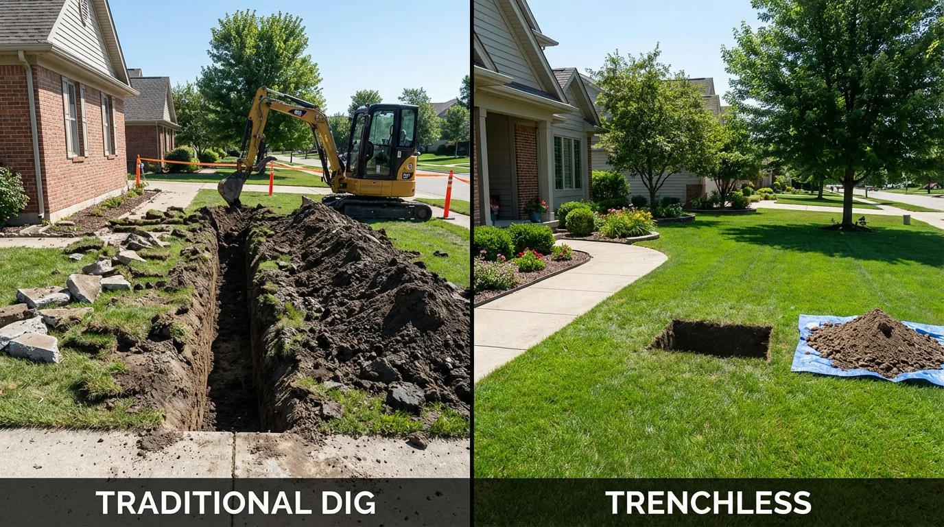 Trenchless sewer repair with minimal yard damage versus traditional excavation in Leominster, MA