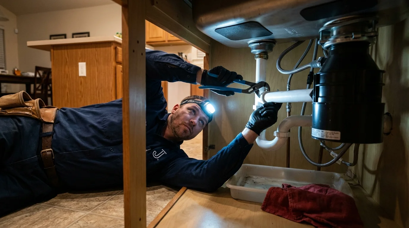 P-trap and supply line connections under a kitchen sink showing a common leak point in Leominster, MA